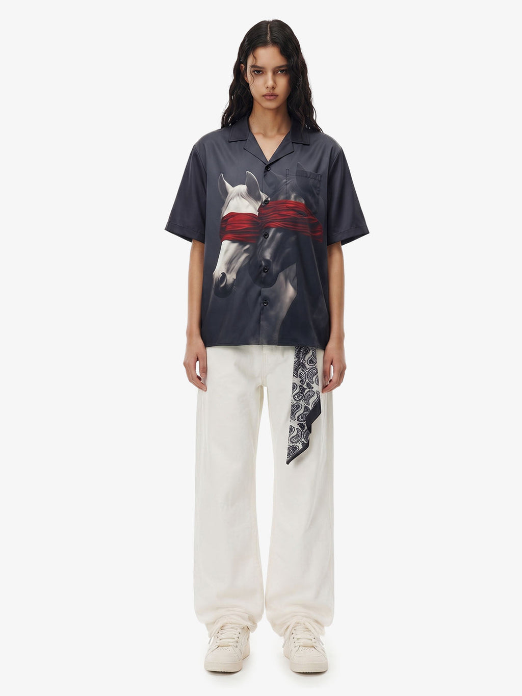 Red Blindfold Horse Camp Collar Boxy Shirt