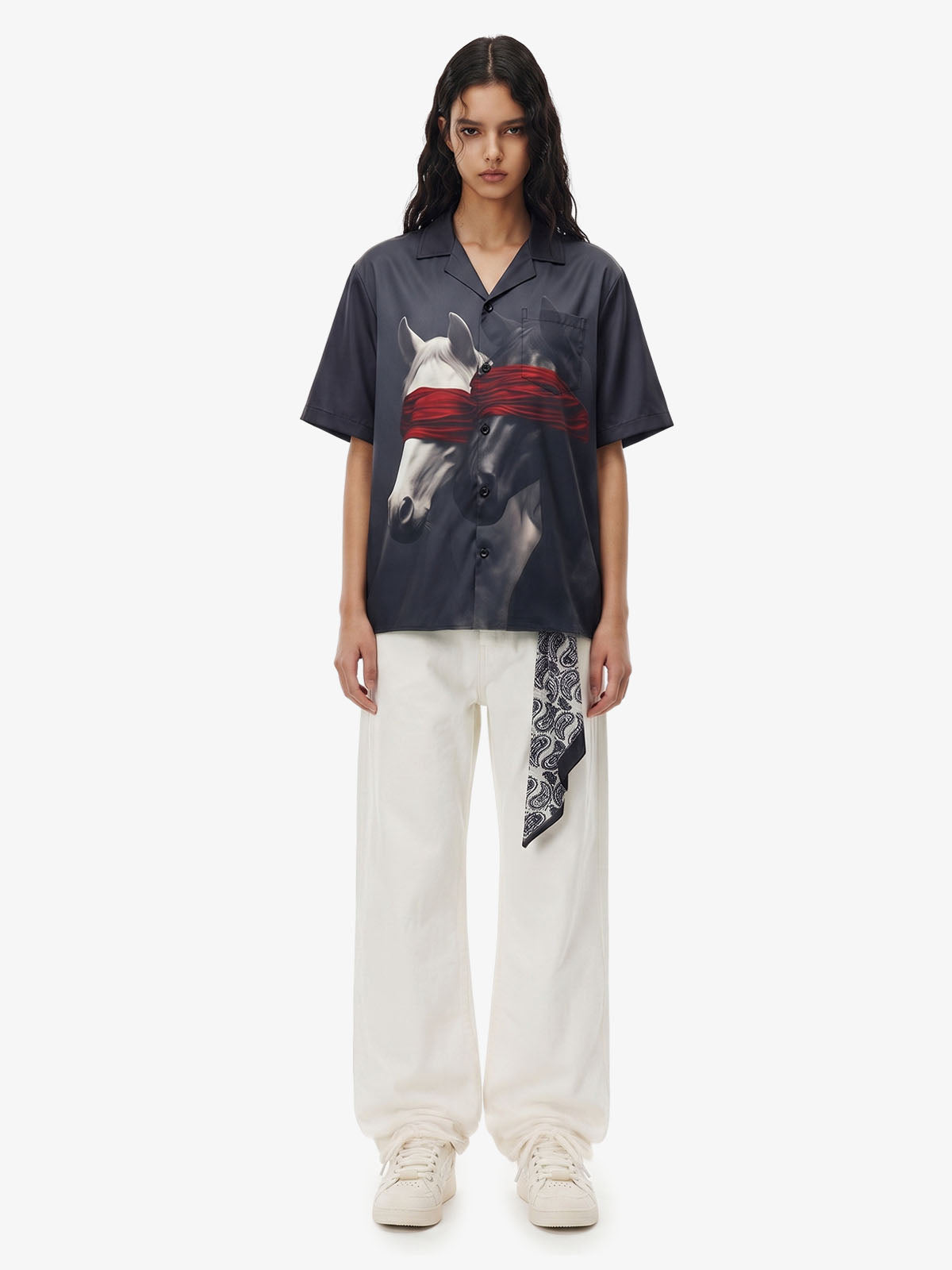 Red Blindfold Horse Camp Collar Boxy Shirt