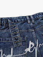 Music Print Denim Shorts with Embroidered Notes