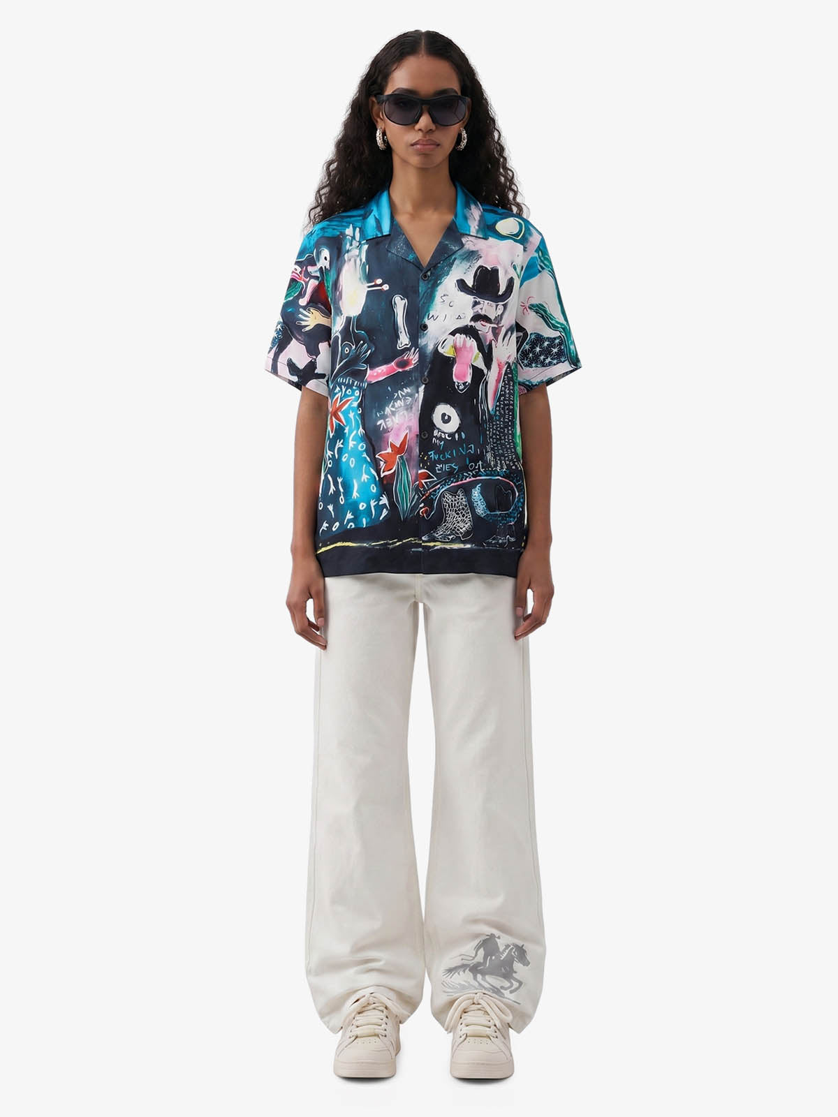 Blue Abstract Oil Painting Camp Collar Boxy Shirt