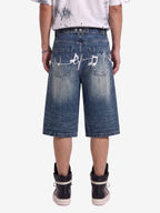 Music Print Denim Shorts with Embroidered Notes