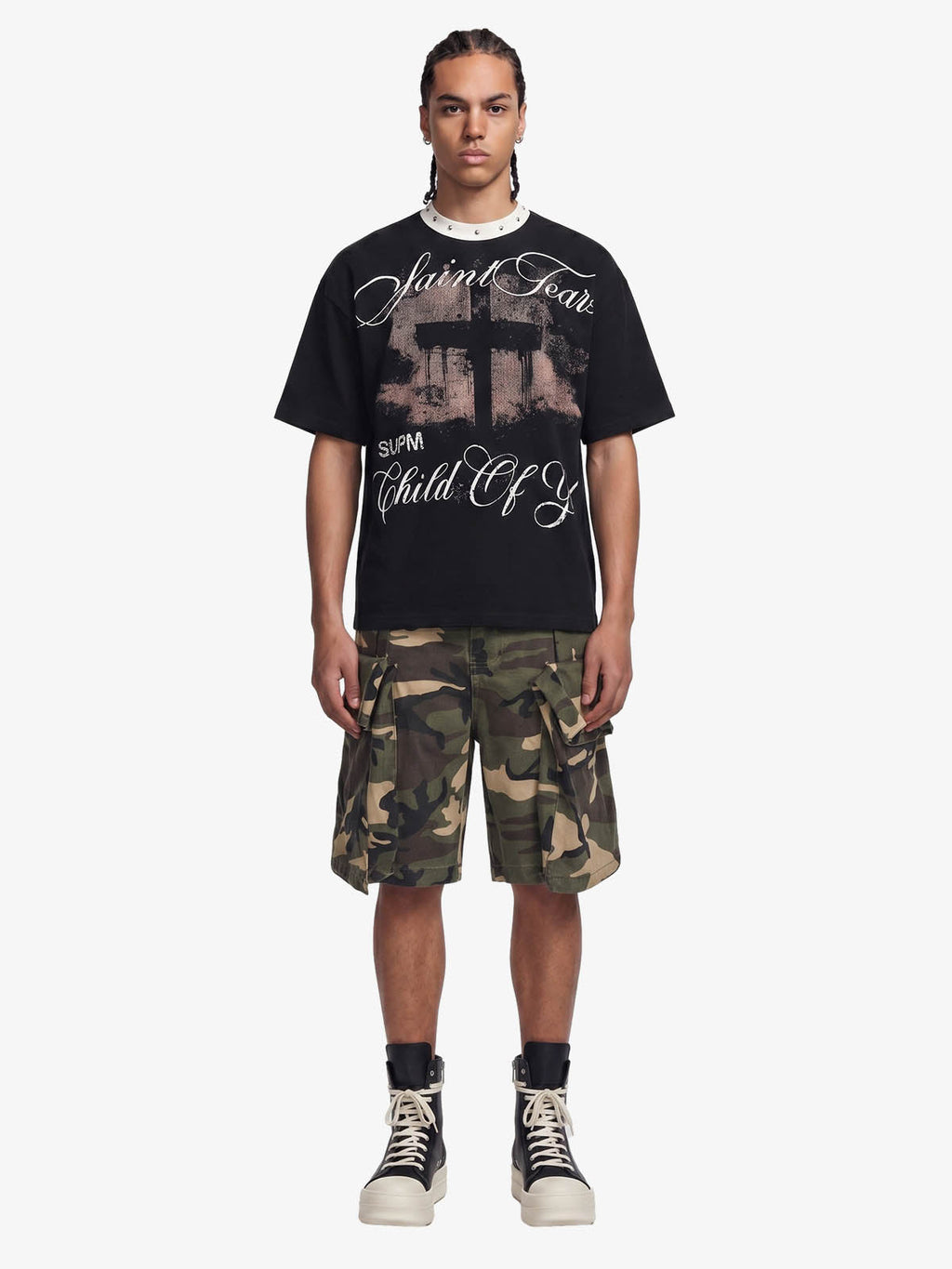 Gothic Cross Print Studded Collar Waffle Knit Graphic T-Shirt