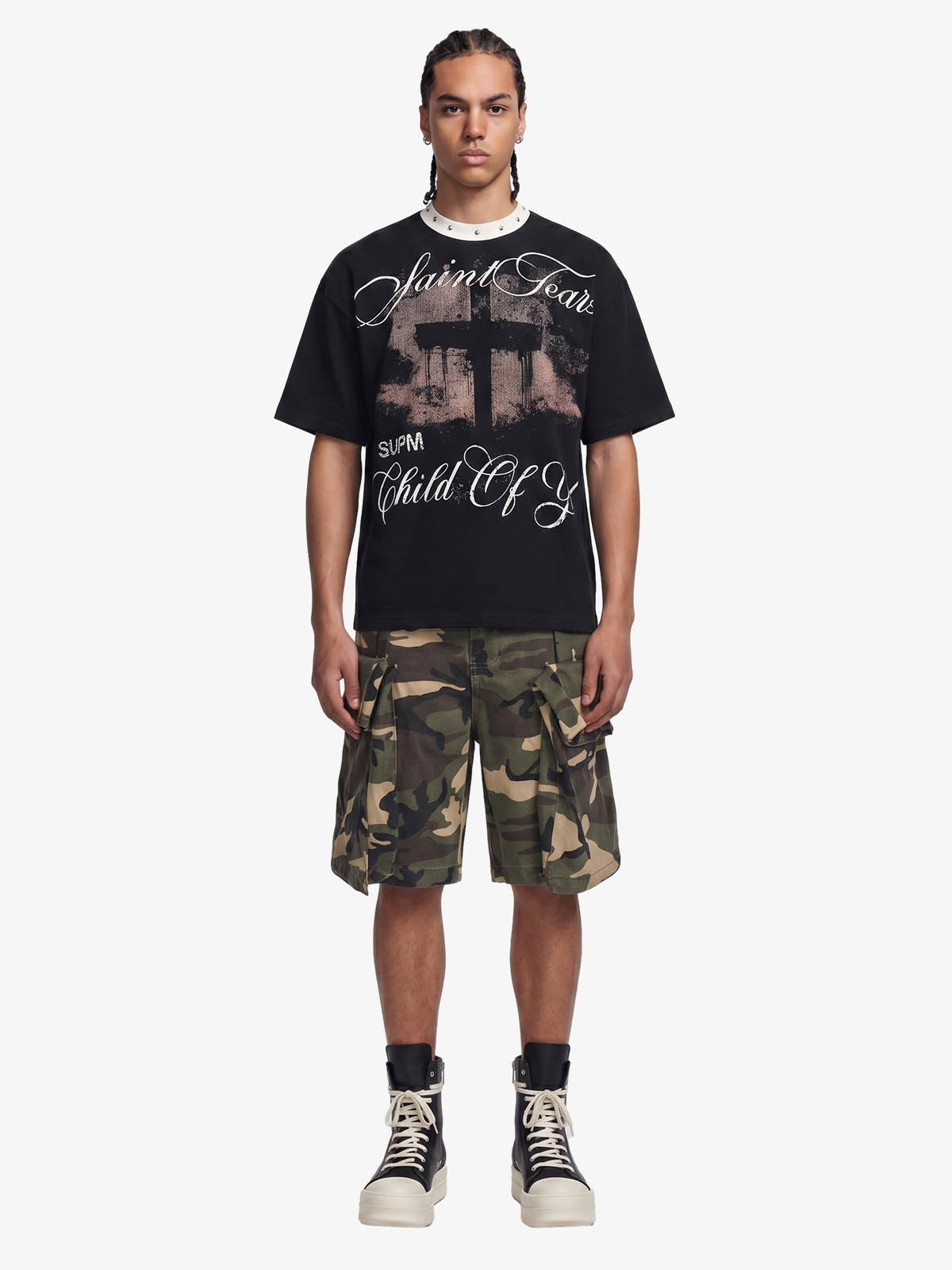 Gothic Cross Print Studded Collar Waffle Knit Graphic T-Shirt