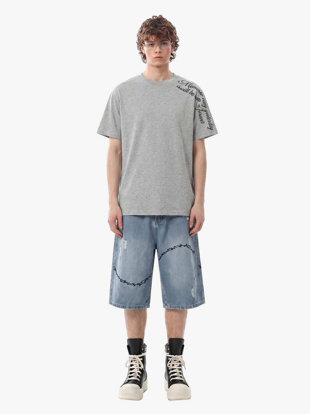 Vintage Barbed Wire Embroidery Distressed Washed Denim Jorts
