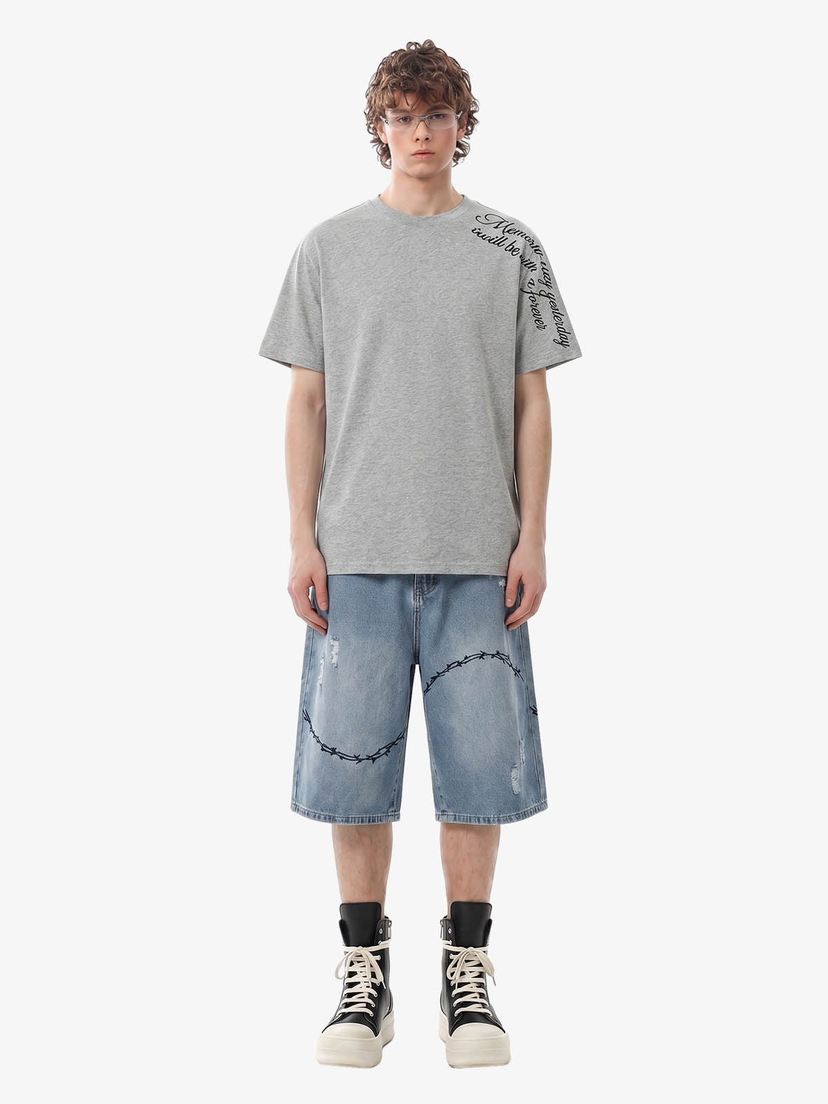 Vintage Barbed Wire Embroidery Distressed Washed Denim Jorts