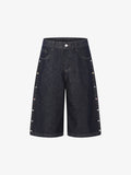 Dark Wash Denim Bermuda Shorts with Side Stripe Rhinestone Detail