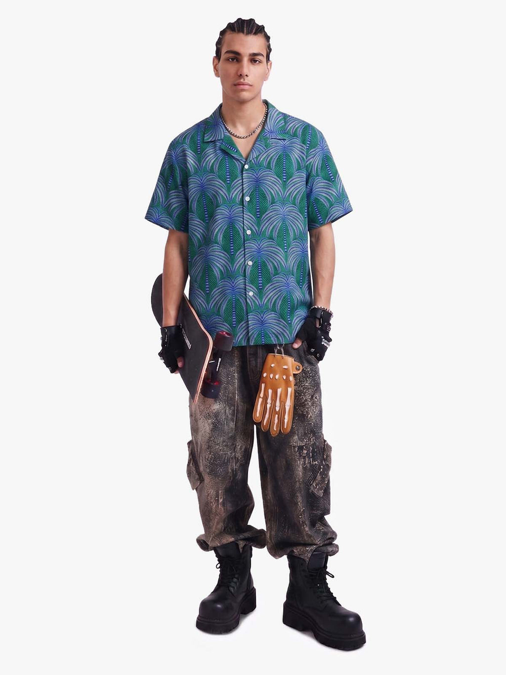 Teal Palm Leaves Camp Collar Boxy Shirt