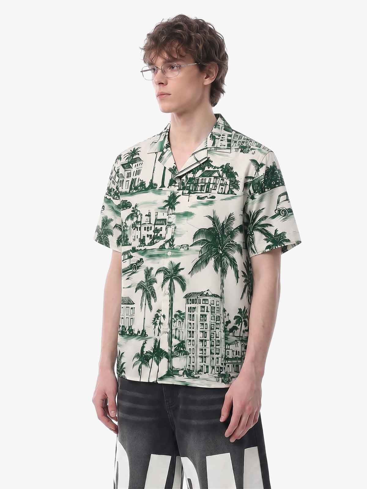 Vintage Green Coconut Tree Camp Collar Boxy Shirt