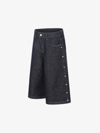 Dark Wash Denim Bermuda Shorts with Side Stripe Rhinestone Detail