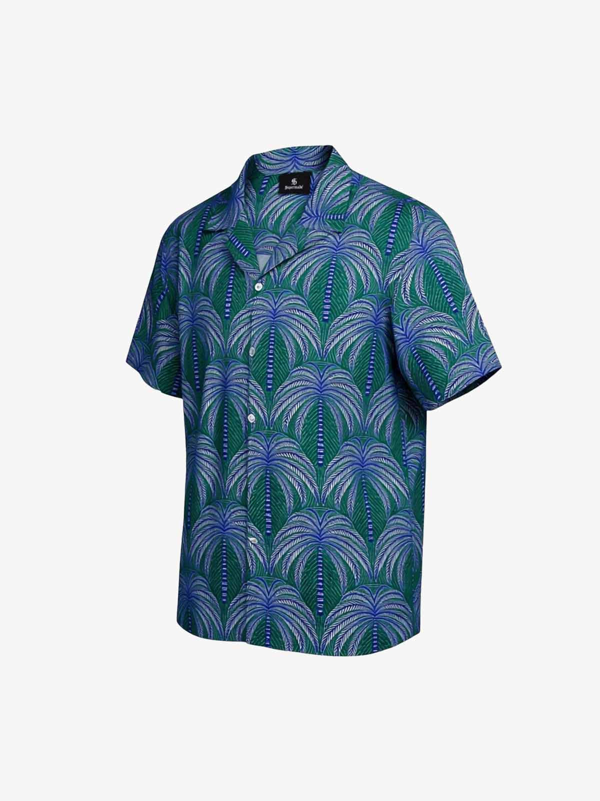Teal Palm Leaves Camp Collar Boxy Shirt