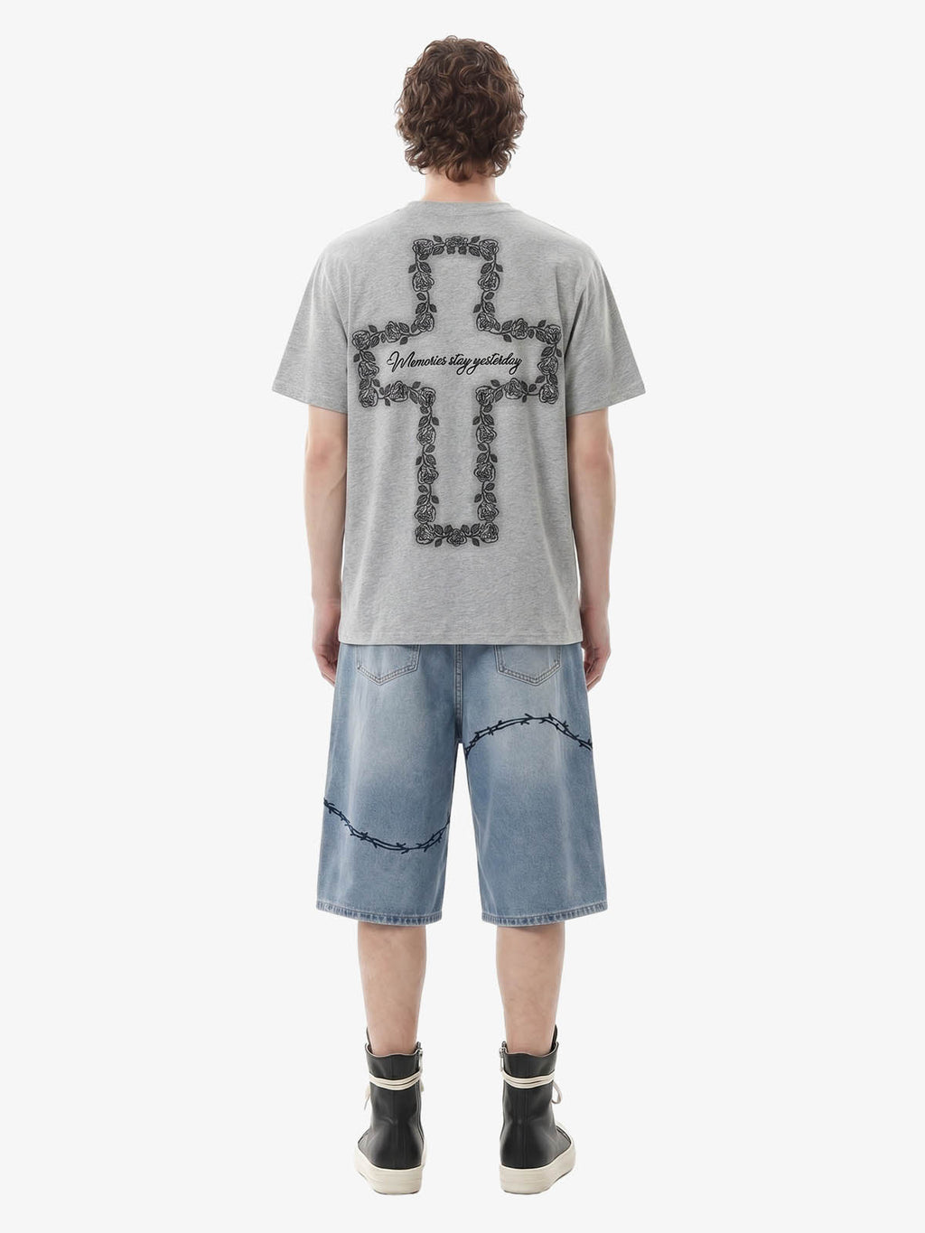Vintage Barbed Wire Embroidery Distressed Washed Denim Jorts