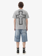 Vintage Barbed Wire Embroidery Distressed Washed Denim Jorts