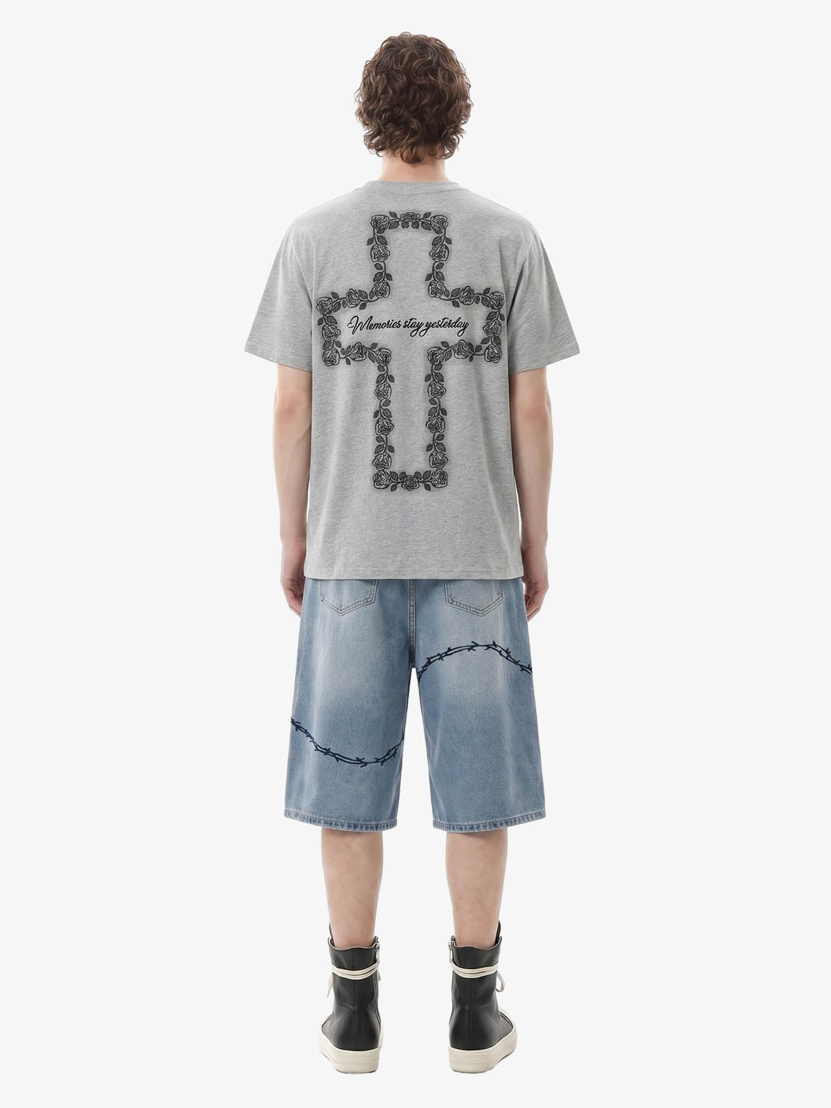 Vintage Barbed Wire Embroidery Distressed Washed Denim Jorts