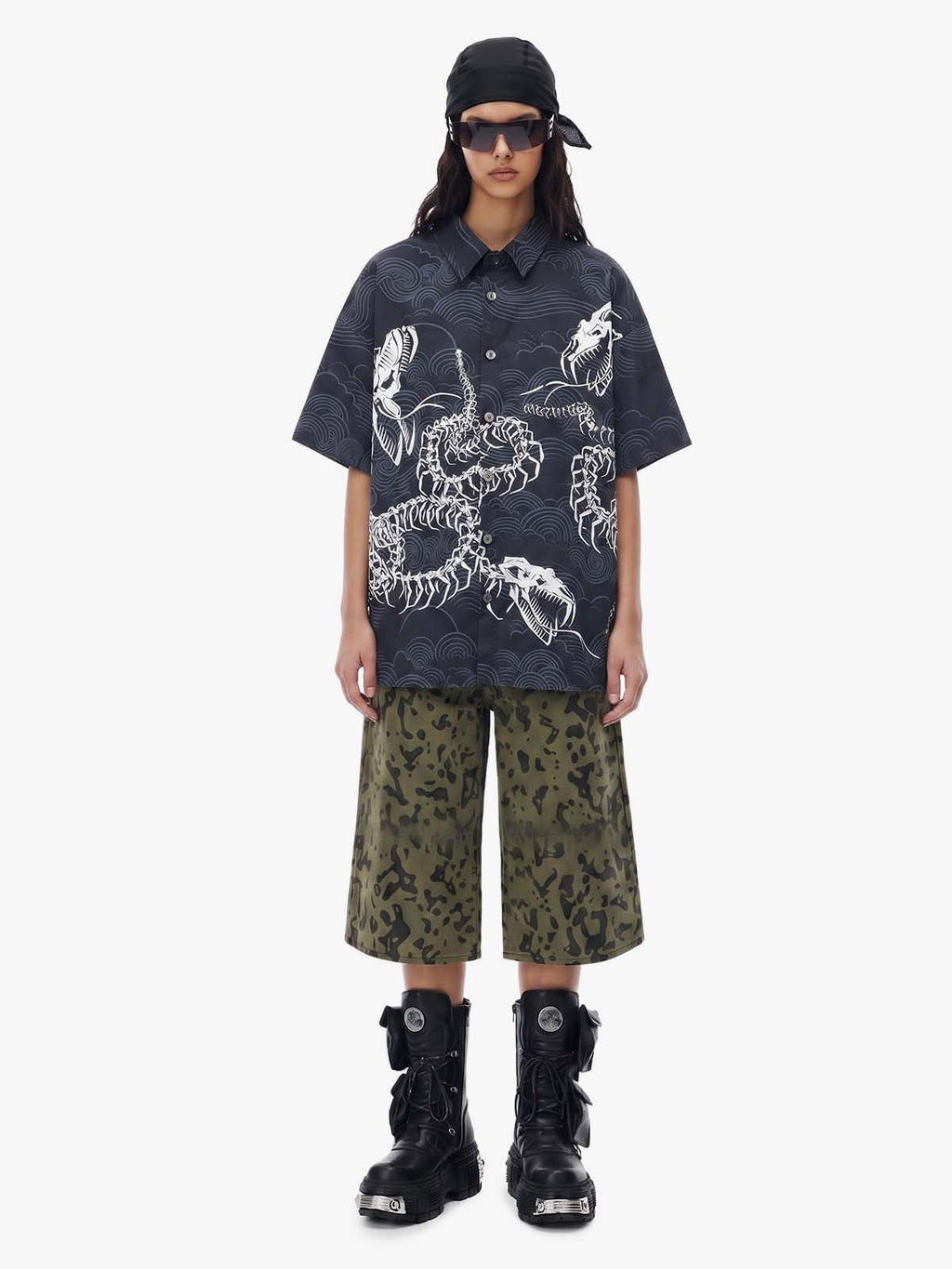Japanese Wave Dragon Skeleton Camp Collar Boxy Shirt