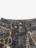 3D Chain Key Print Jeans