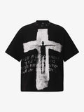 Studded Collar Cross Print Waffle T-Shirt