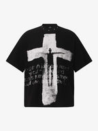 Studded Collar Cross Print Waffle T-Shirt