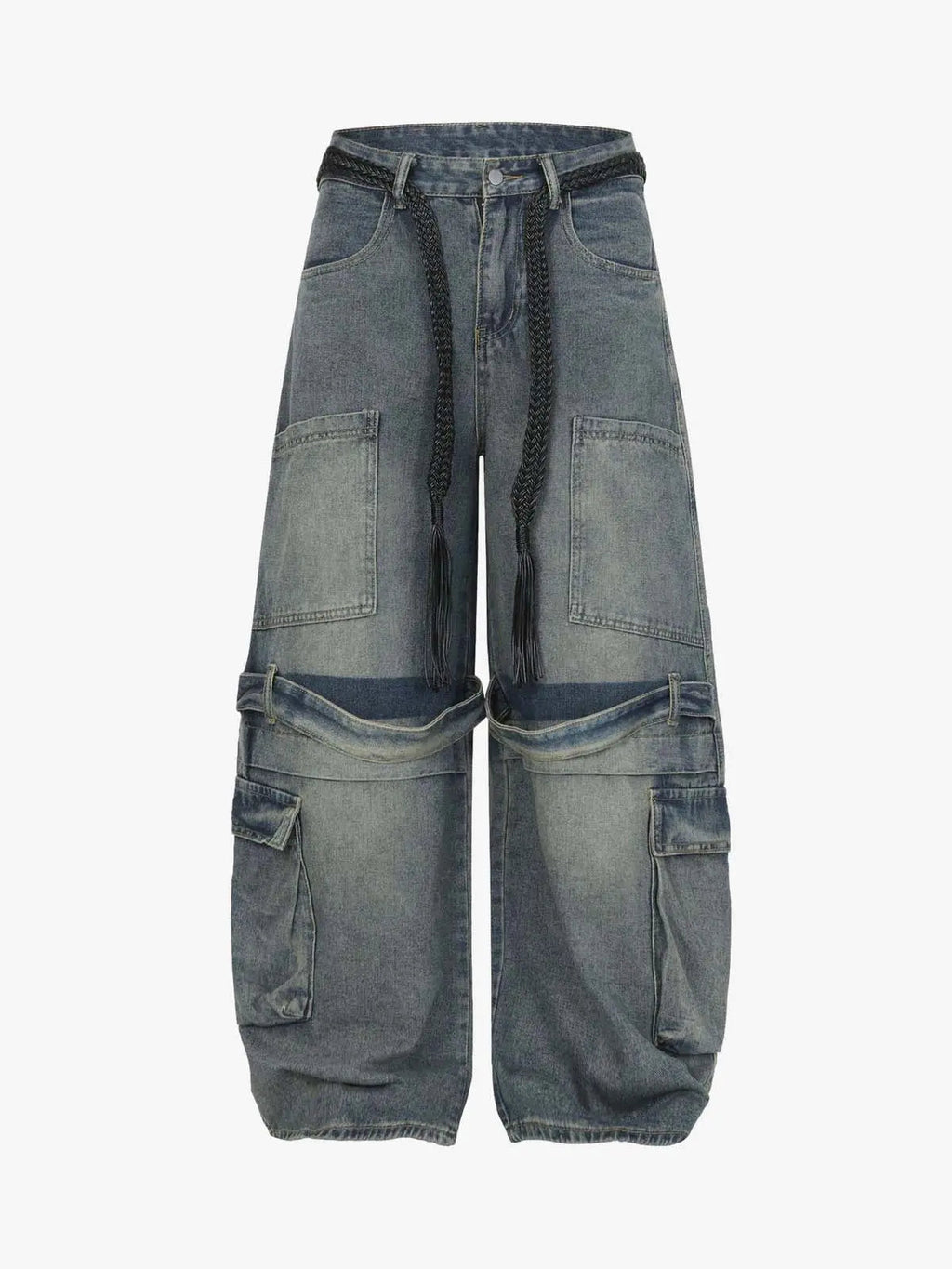 Braided Drawstring Waist Patchwork Cargo Jeans