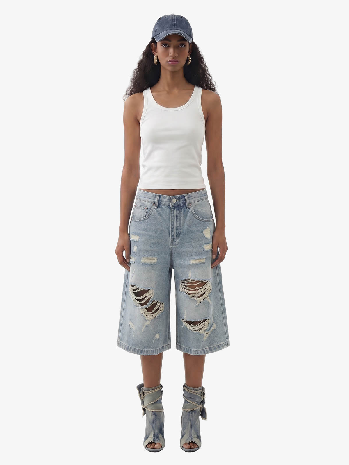 Distressed Washed Ripped Denim Jort