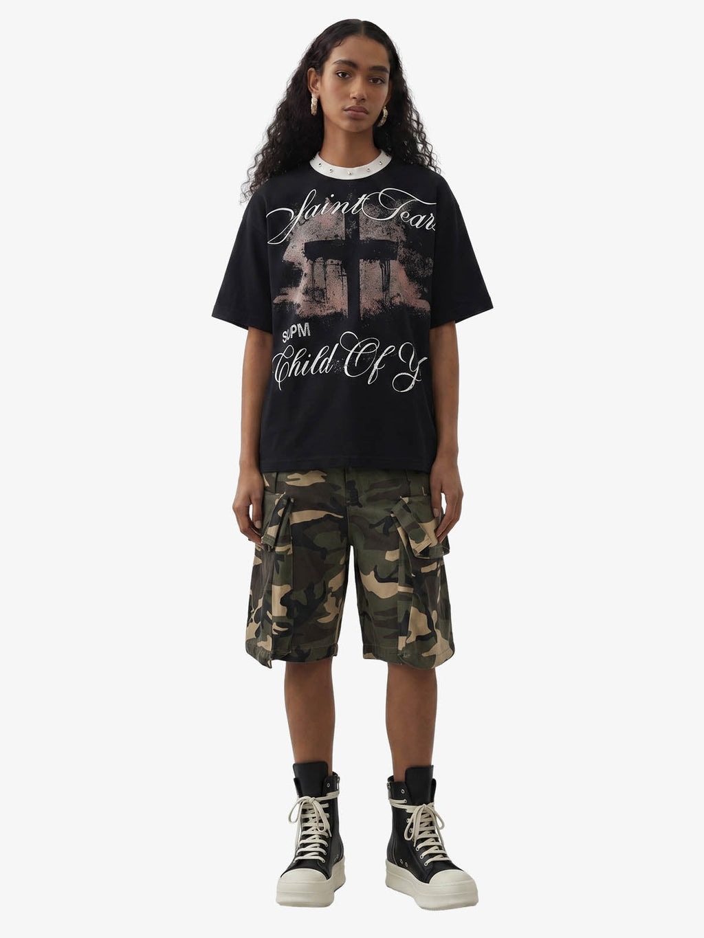 Gothic Cross Print Studded Collar Waffle Knit Graphic T-Shirt