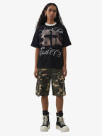 Gothic Cross Print Studded Collar Waffle Knit Graphic T-Shirt