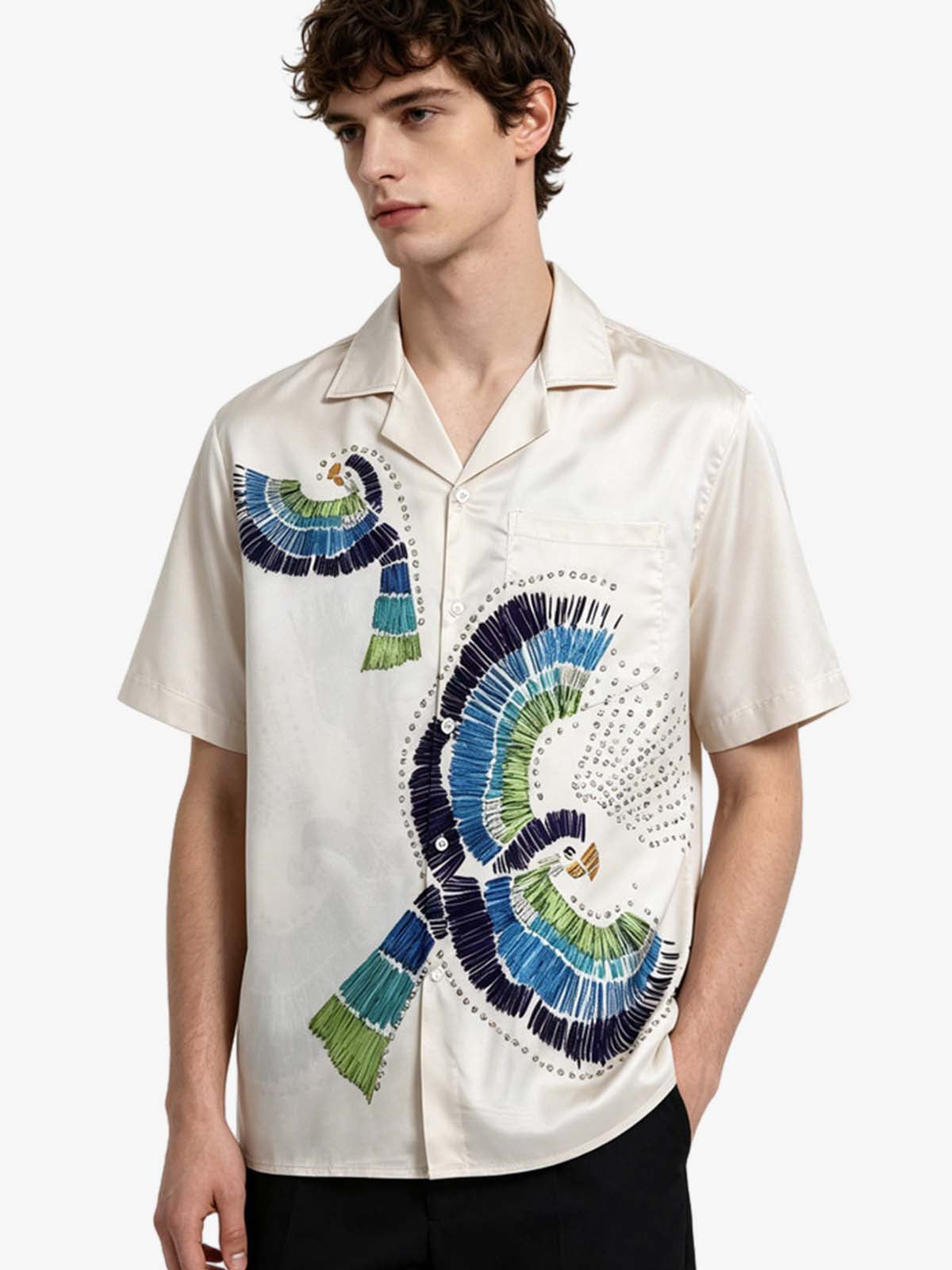 Bird Print Camp Collar Boxy Shirt
