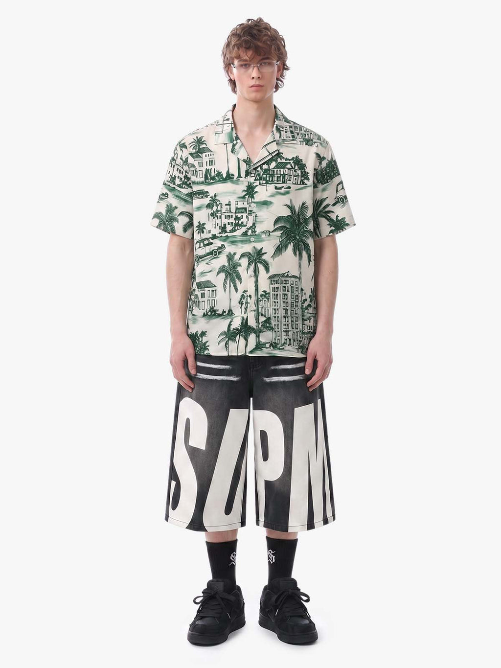 Vintage Green Coconut Tree Camp Collar Boxy Shirt