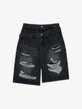 Double Waistband Ripped Denim Shorts