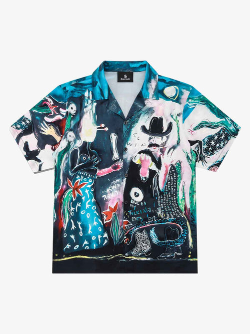 Blue Abstract Oil Painting Camp Collar Boxy Shirt