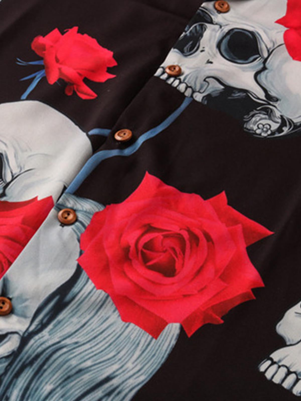 Gothic Skull Rose Camp Collar Boxy Shirt