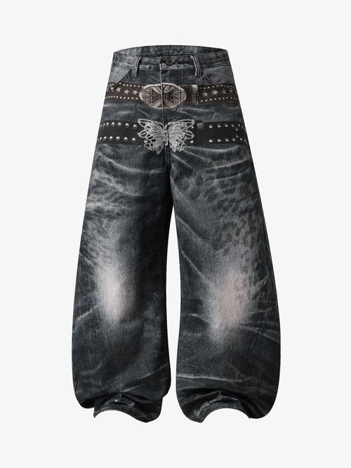 Butterfly Illusion Graphic Print Baggy Jeans