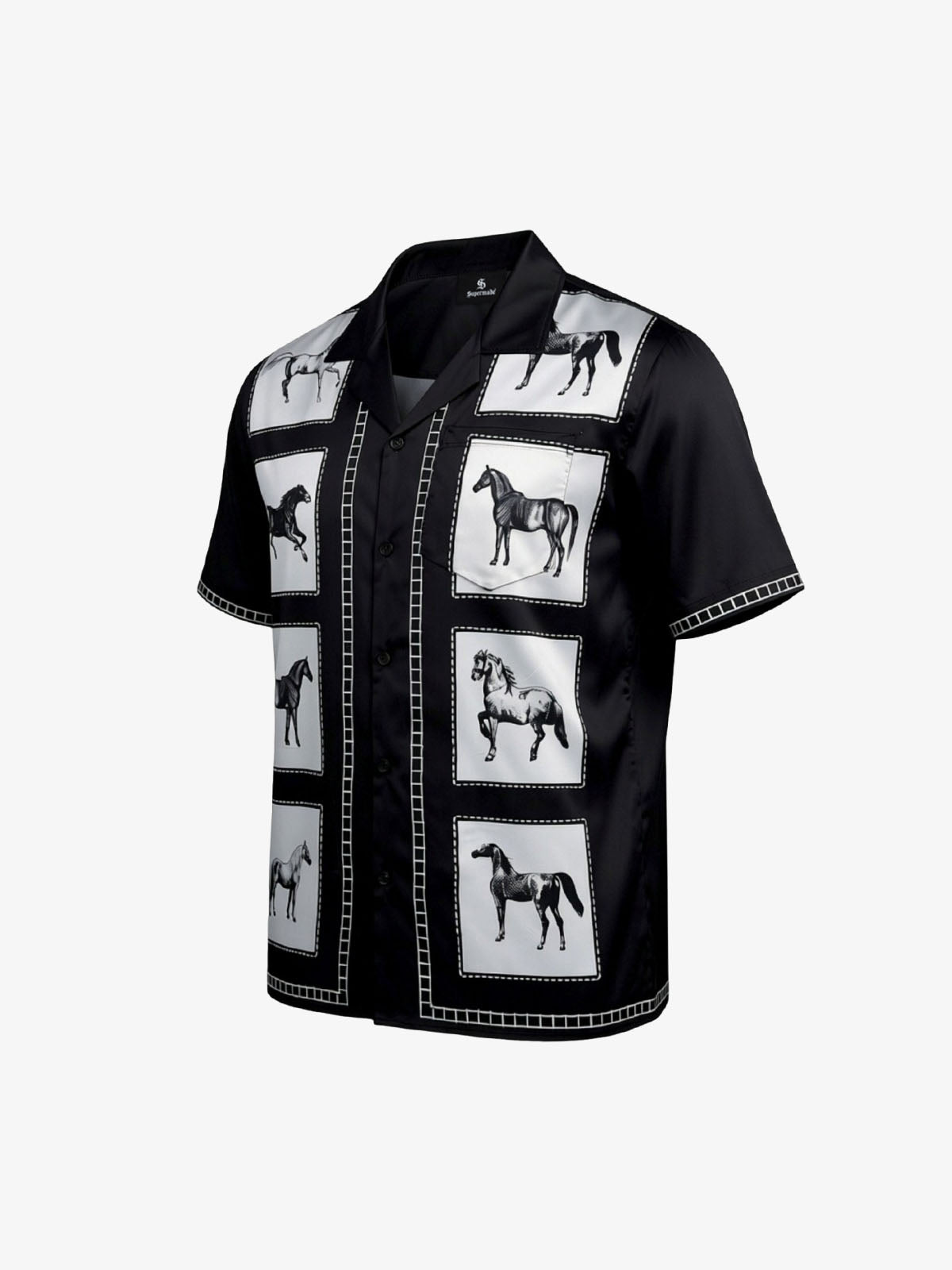 Vintage Horse Photo Satin Camp Collar Boxy Shirt