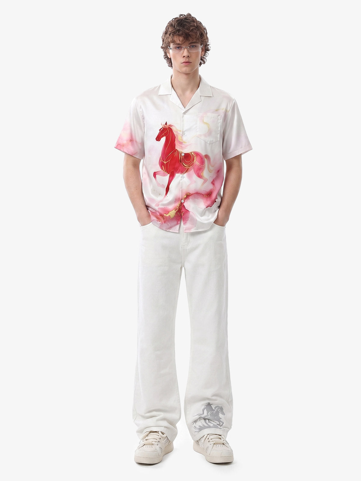Horse Print Camp Collar Boxy Shirt