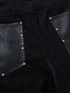 Black Denim Jacket with Croc-Embossed Trim