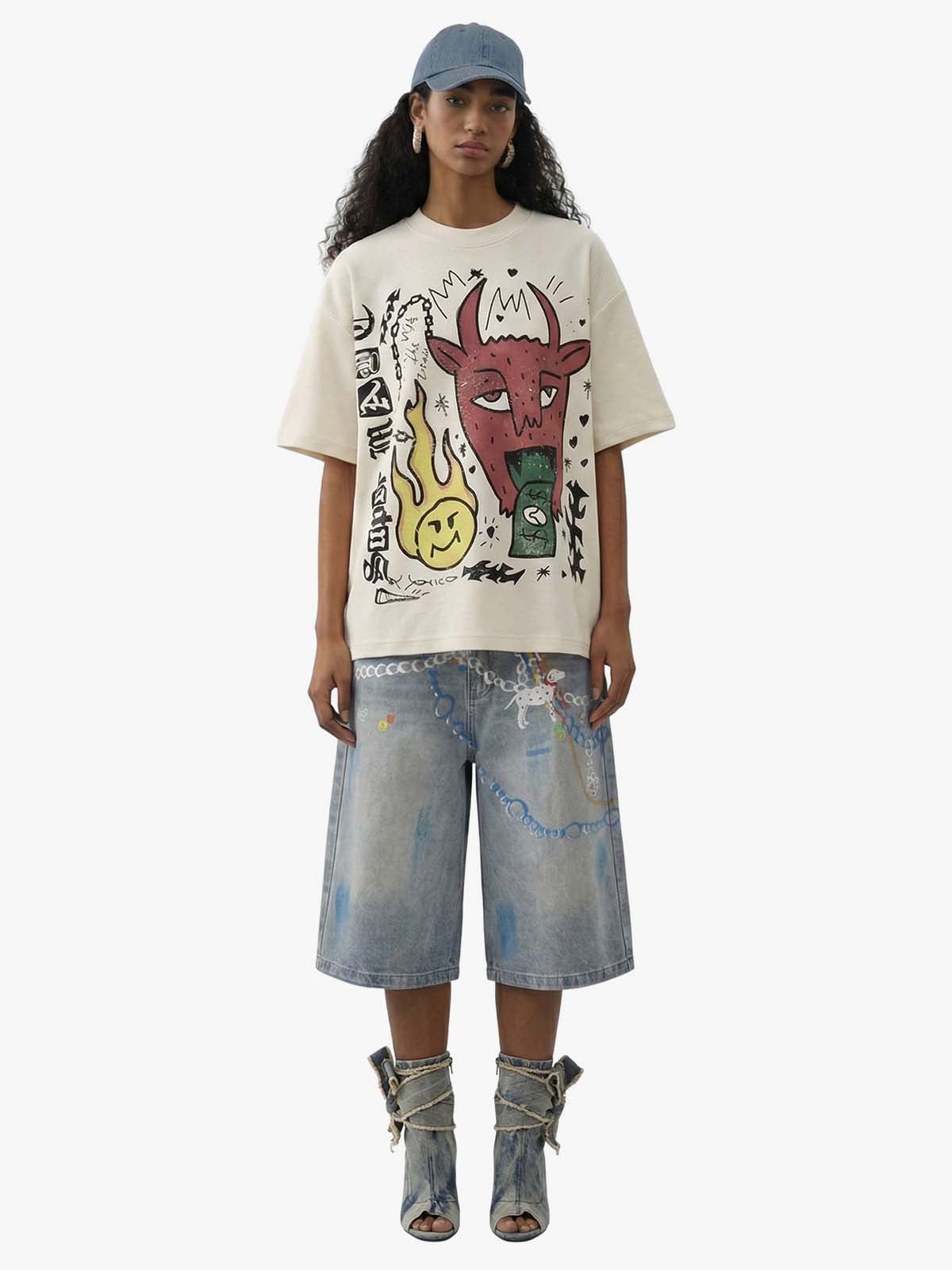 Street Painting Graffiti Denim Jorts - 2476