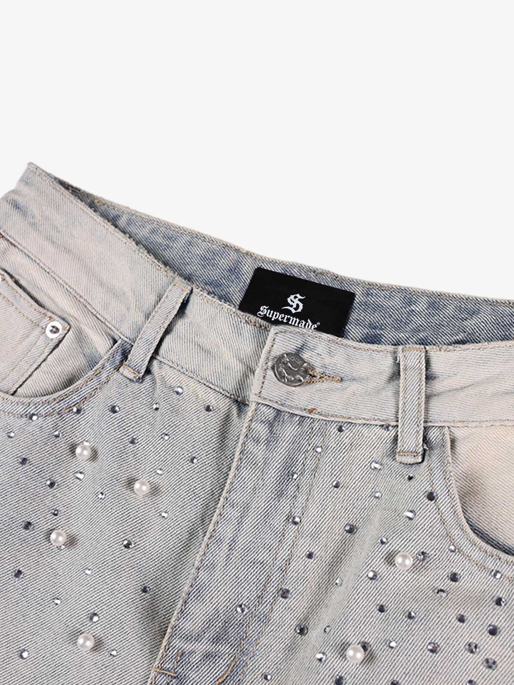 Pearl Embellished Light Wash Denim Shorts
