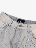 Pearl Embellished Light Wash Denim Shorts