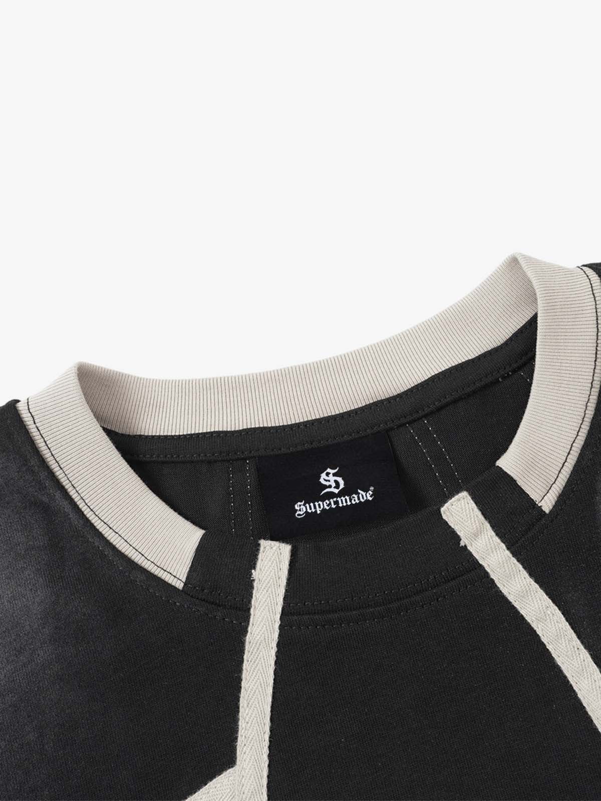 Black Raglan Sleeve T-Shirt with Herringbone Tape Detail