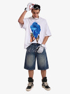 Music Print Denim Shorts with Embroidered Notes