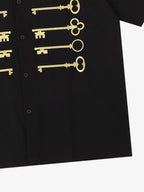 Black Cotton Button Up Shirt with Gold Embroidered Key Motif