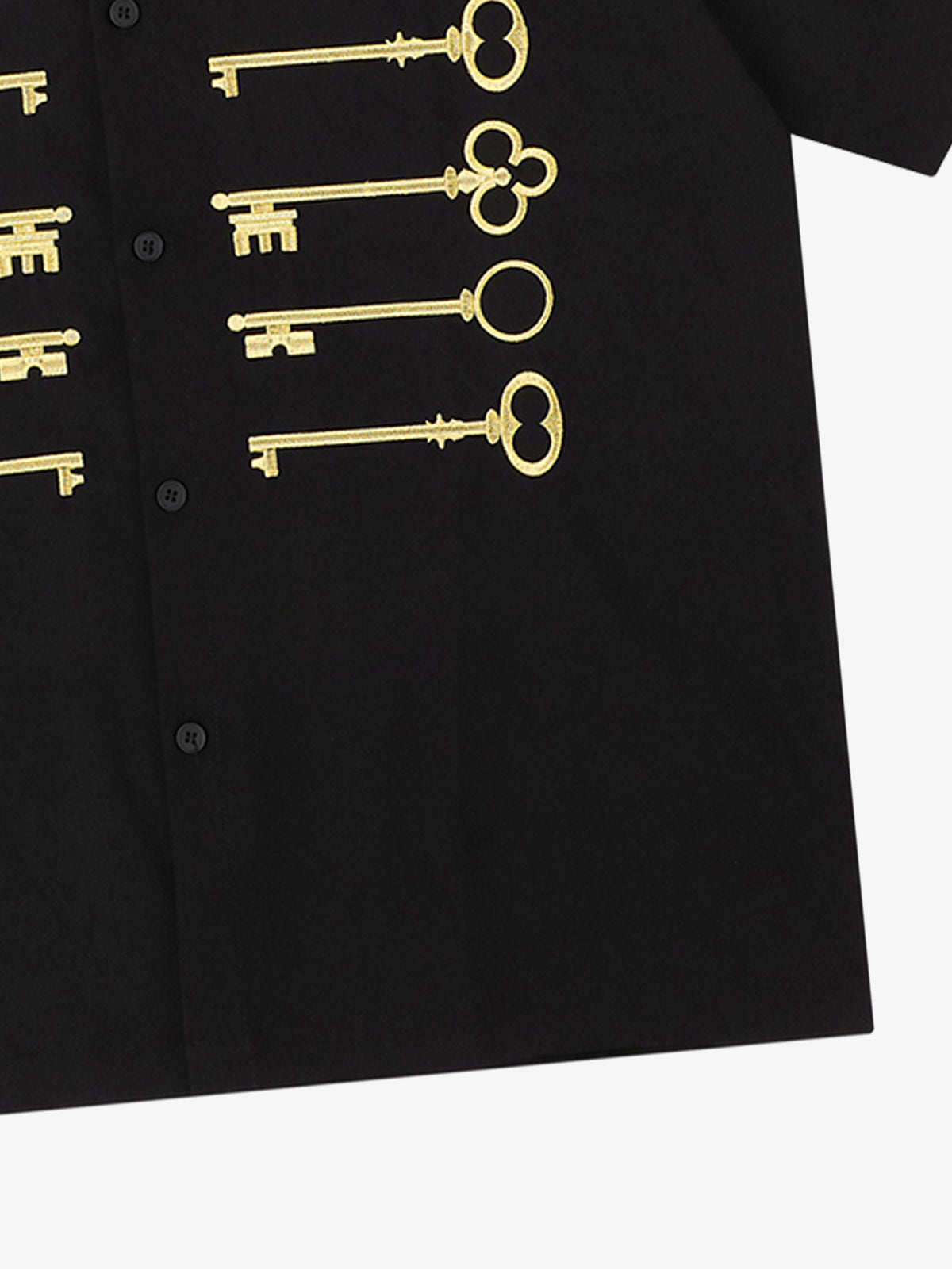 Black Cotton Button Up Shirt with Gold Embroidered Key Motif