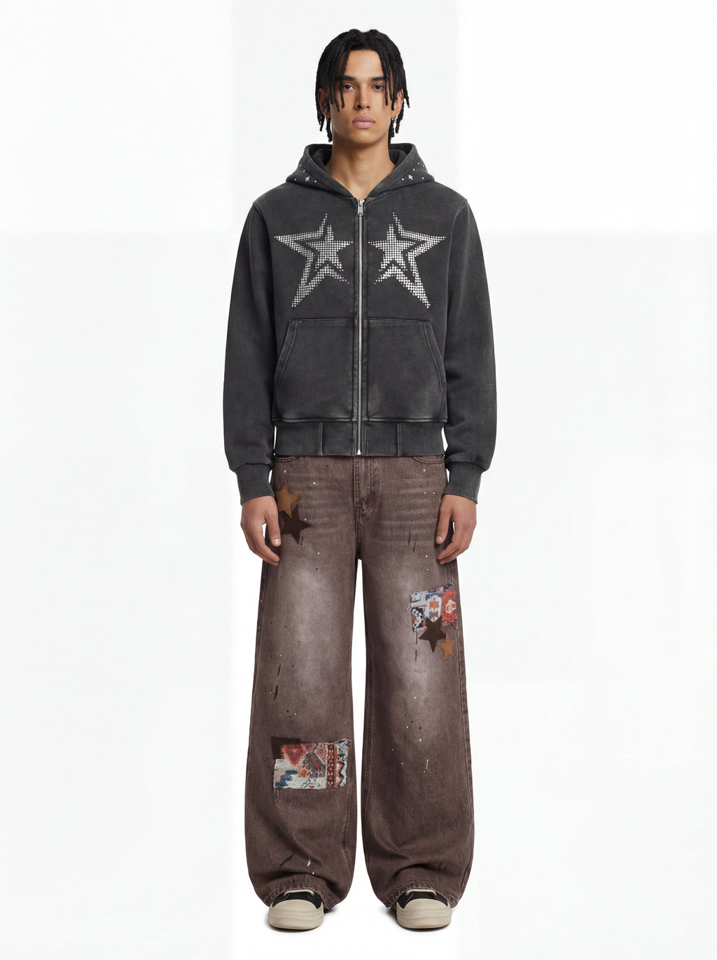 Retro Patchwork Washed Wide Leg Denim Jeans