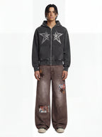 Retro Patchwork Washed Wide Leg Denim Jeans