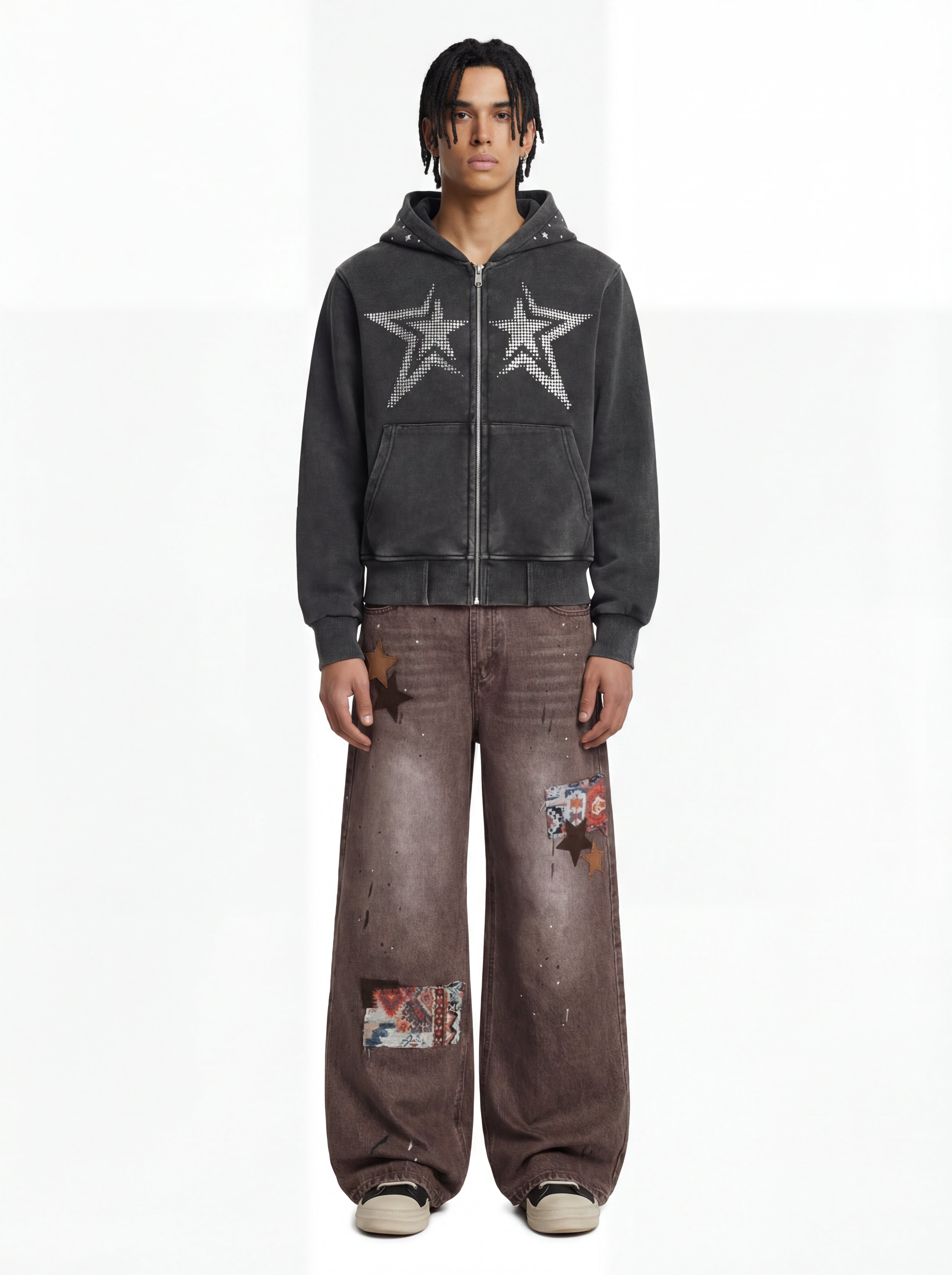 Retro Patchwork Washed Wide Leg Denim Jeans