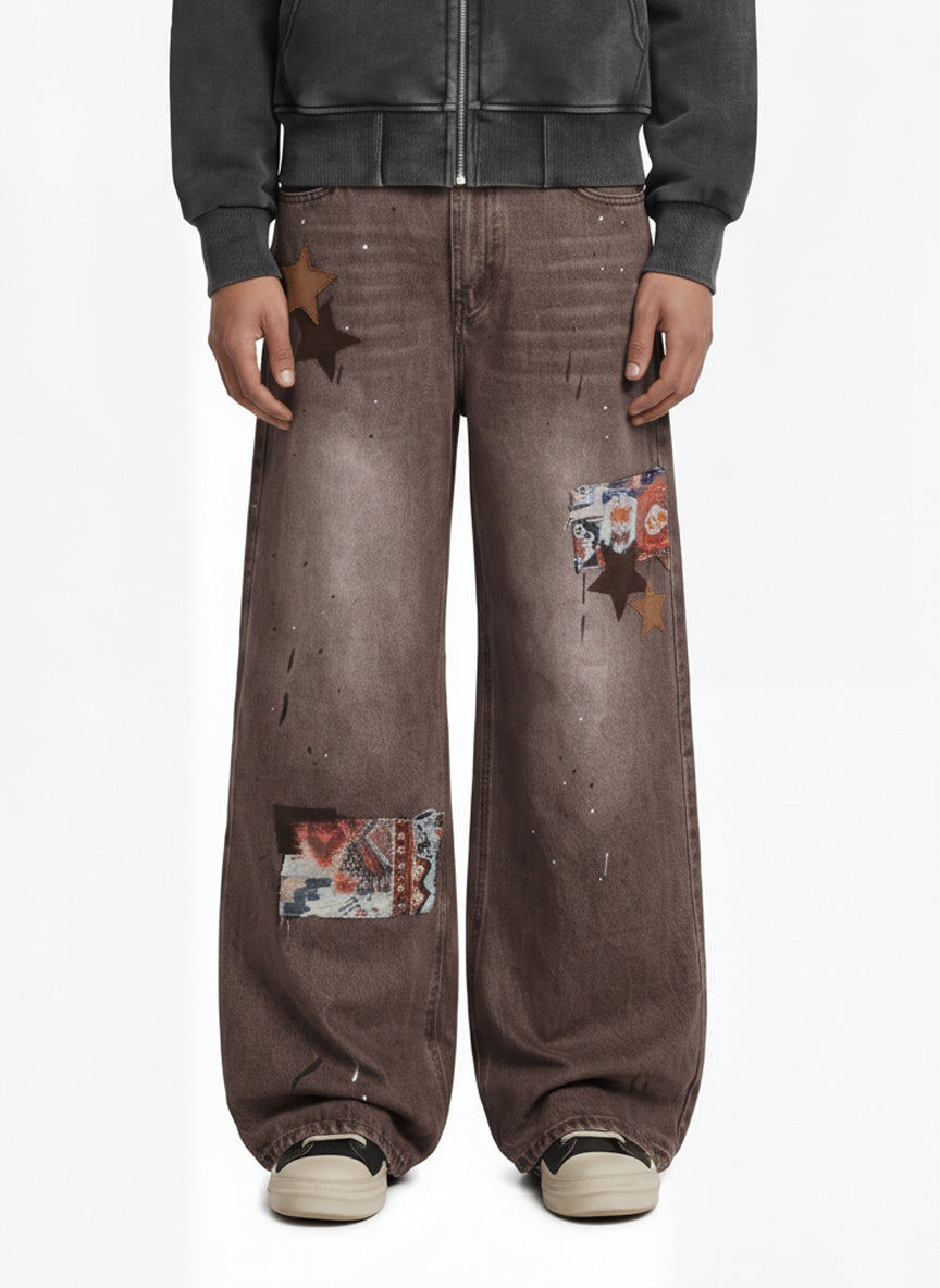 Retro Patchwork Washed Wide Leg Denim Jeans