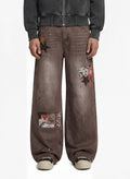Retro Patchwork Washed Wide Leg Denim Jeans
