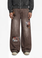 Retro Patchwork Washed Wide Leg Denim Jeans