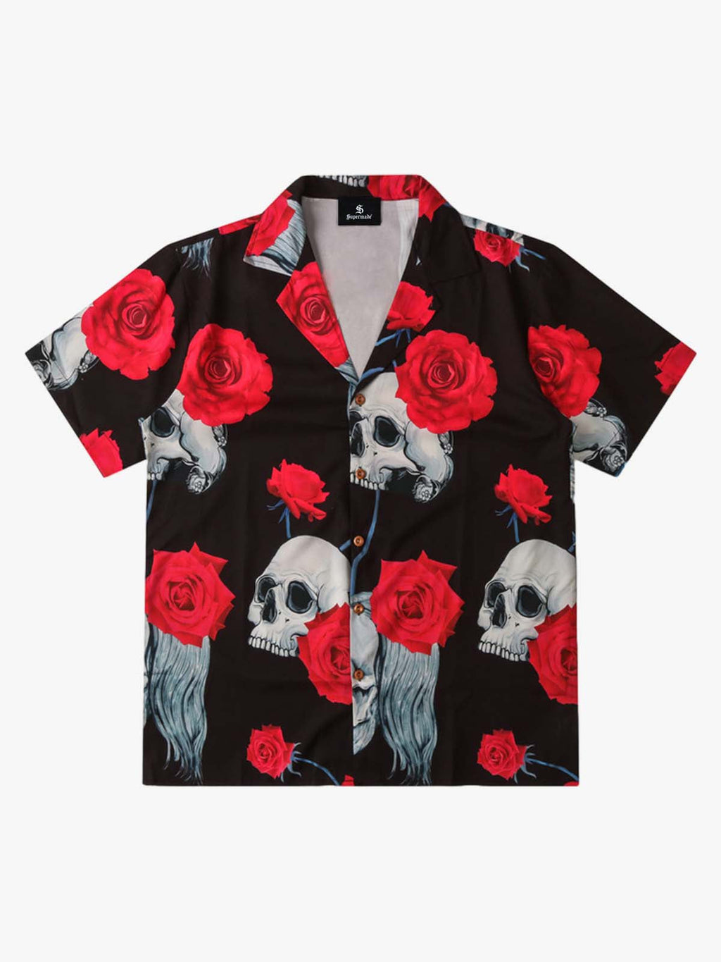 Gothic Skull Rose Camp Collar Boxy Shirt