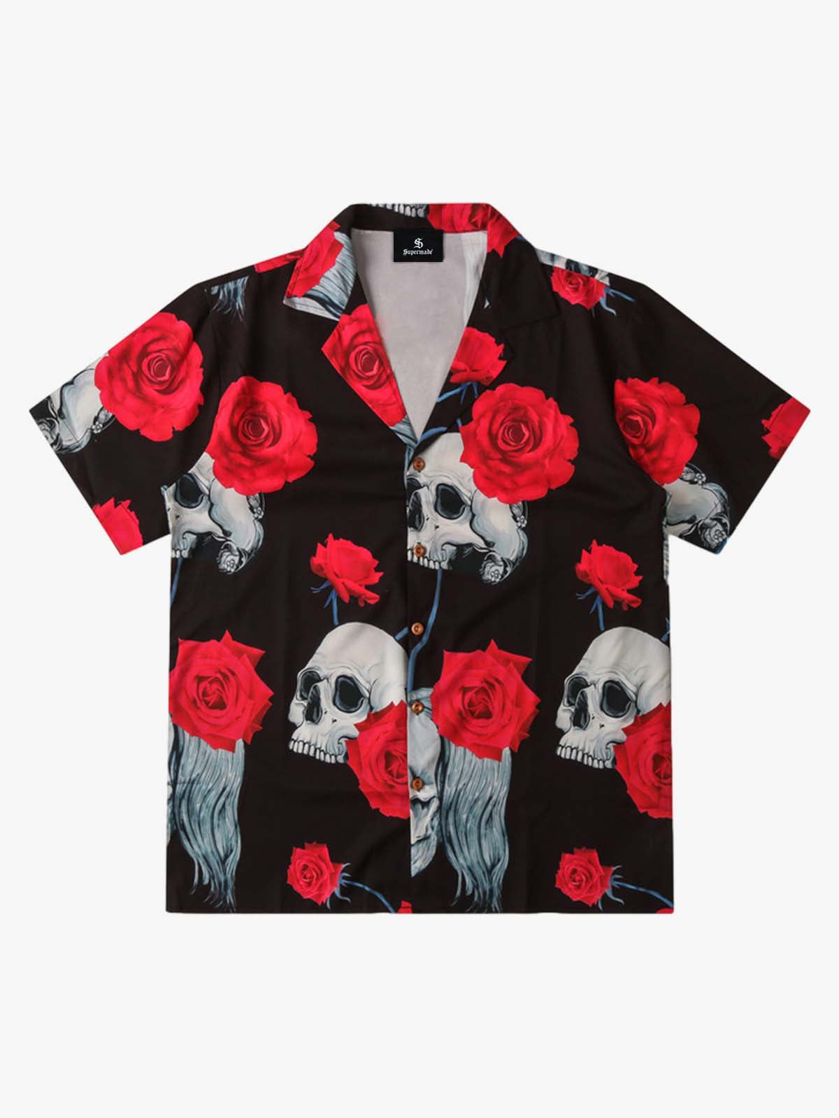 Gothic Skull Rose Camp Collar Boxy Shirt