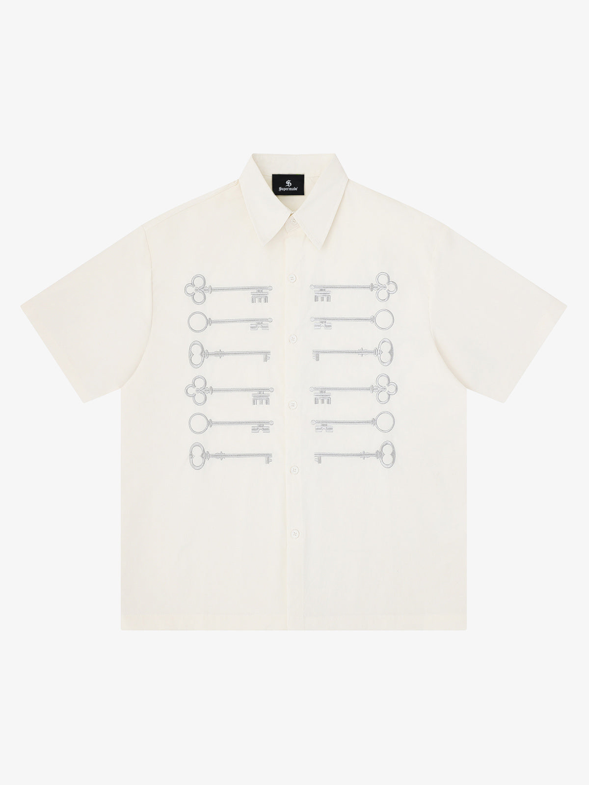 Black Cotton Button Up Shirt with Gold Embroidered Key Motif